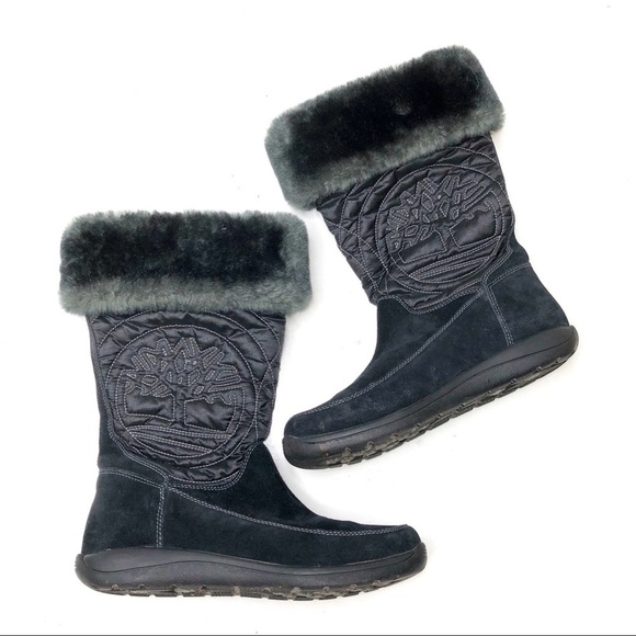 Timberland Suede Hollyberry Pull-On Winter Boot Faux Fur Trim Black 6.5 - Picture 6 of 8